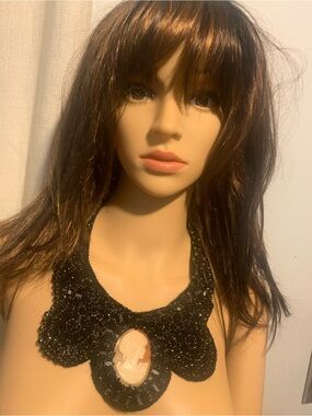 Amadeo Black Beaded Collar Necklace with Ivory Cameo Accent
